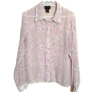 Campagna Italia Women's Sheer Button Down Shirt Size XL Long Sleeve White Pink